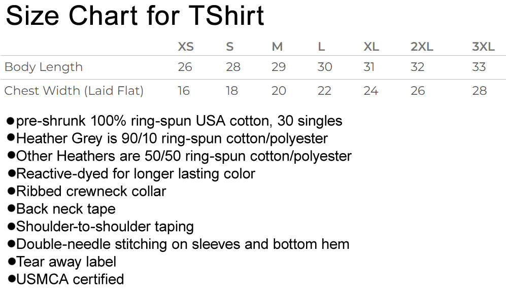 Size Chart for T Shirts